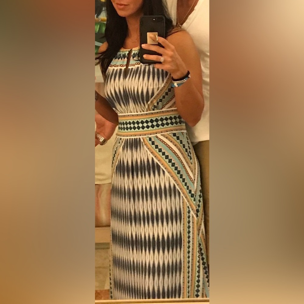 London Times Halter Maxi Dress | Geometric Print | Raw Hem | Size 8